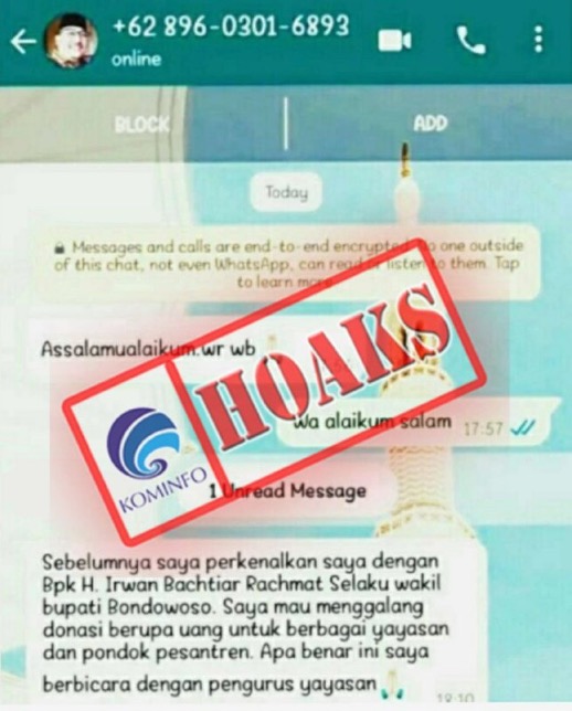 Pesan WhatsApp Mengatasnamakan Wakil Bupati Bondowoso Meminta Sumbangan