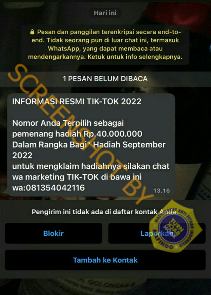 Pesan Pengumuman Pemenang Hadiah Rp40 Juta dari TikTok