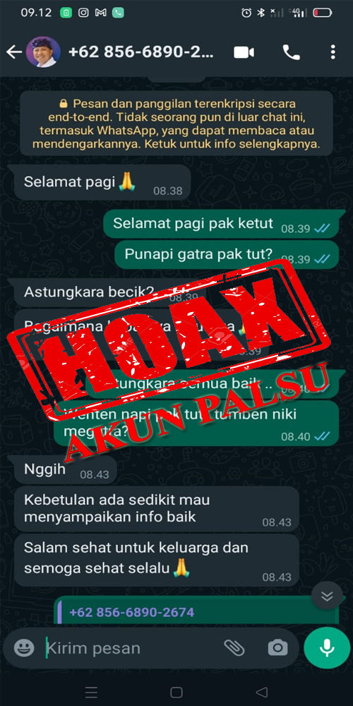 Lagi, Tersebar tangkapan layar akun whatsapp yang mengatasnamakan Kadis Kominfosanti Buleleng