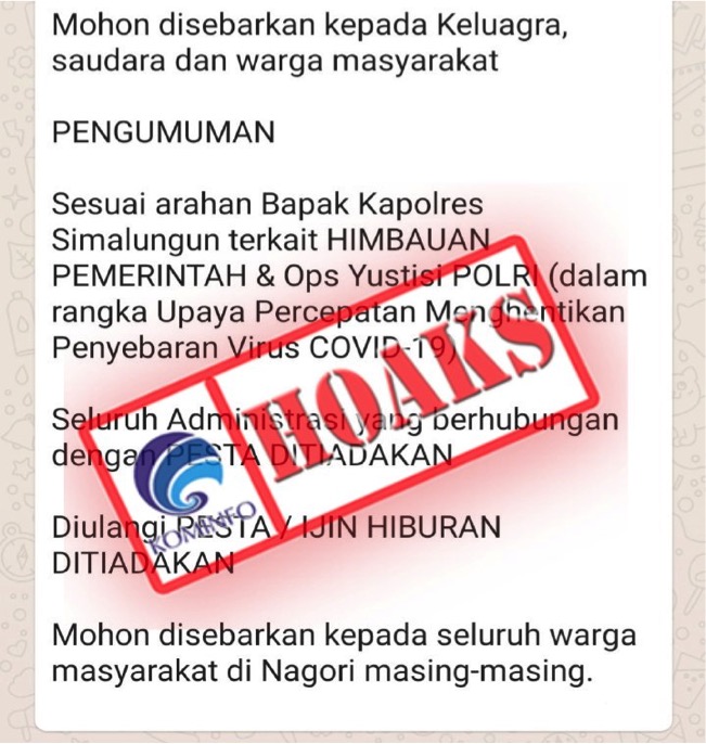 Kapolres Simalungun Edarkan Pengumuman Administrasi Pesta dan Izin Hiburan Ditiadakan