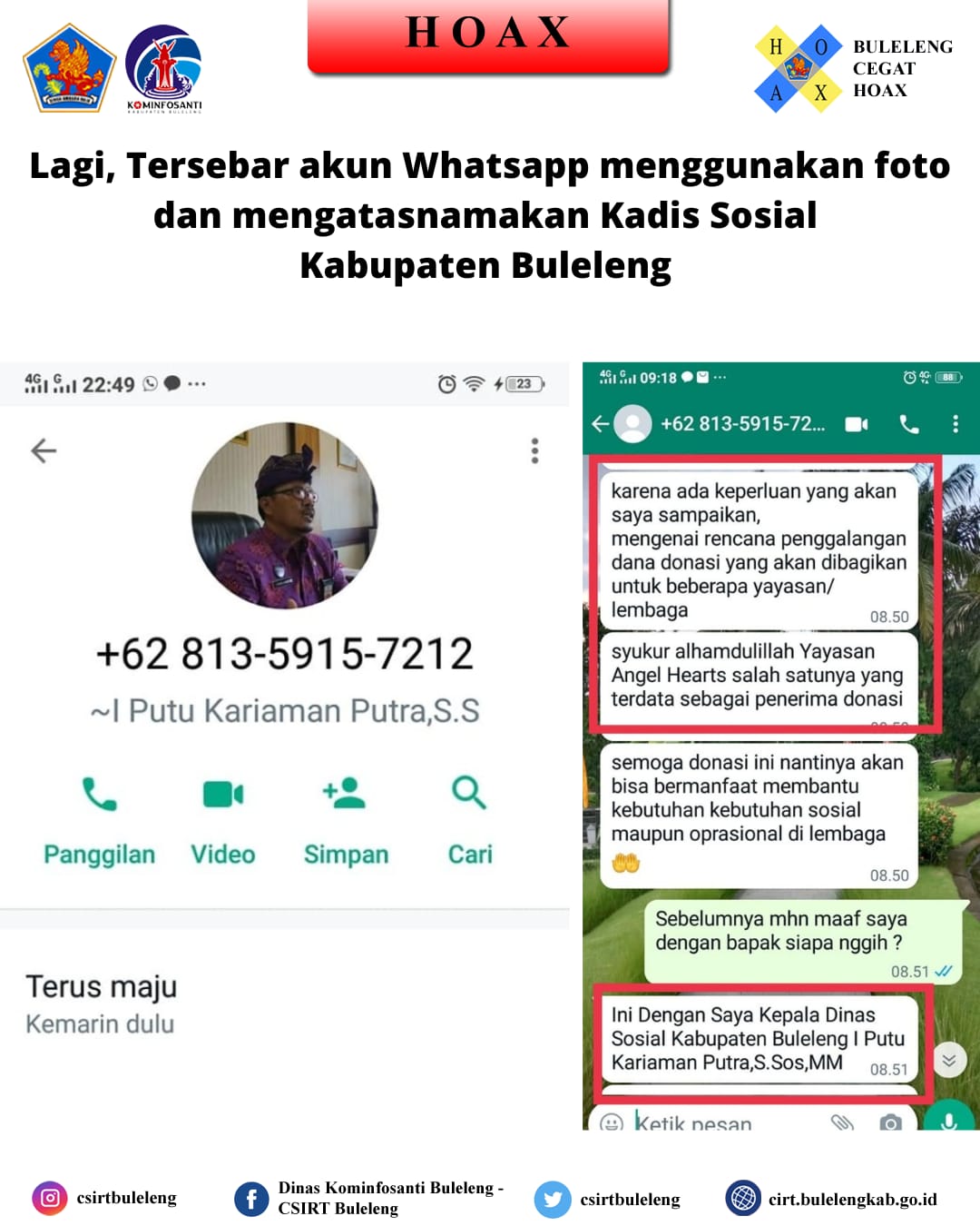 Lagi, Tersebar akun whatsapp yang menggunakan foto profil  dan mengatasnamakan Kepala Dinas Sosial Kabupaten Buleleng