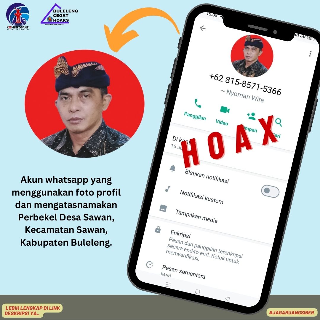 Akun whatsapp yang menggunakan foto profil dan mengatasnamakan Perbekel Desa Sawan, Kecamatan Sawan, Kabupaten Buleleng.