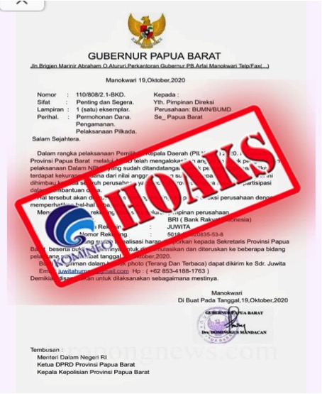 Surat Gubernur Papua Barat Meminta Bantuan Dana Pengamanan Pelaksanaan Pilkada Papua Barat 2020