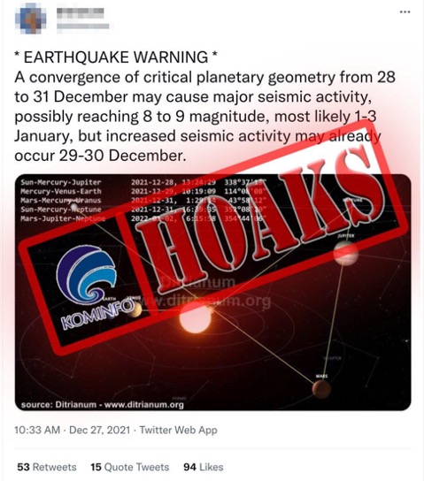 Peringatan Gempa Bumi Berkekuatan 8-9 SR pada 1 - 3 Januari 2022 karena Persilangan Posisi Planet