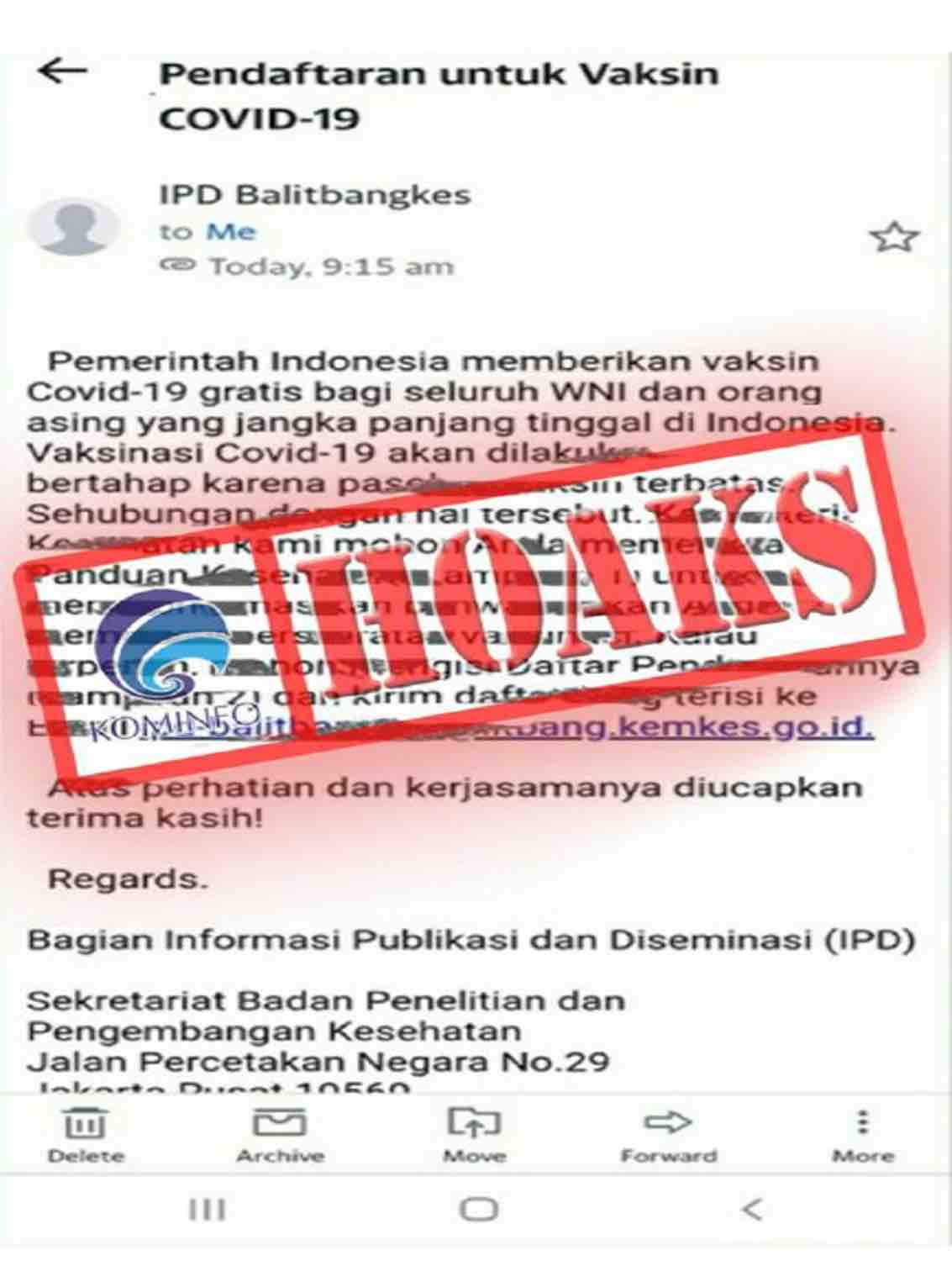 Surat Elektronik Mengatasnamakan IPD Balitbangkes Terkait Pemberian Vaksin Covid-19