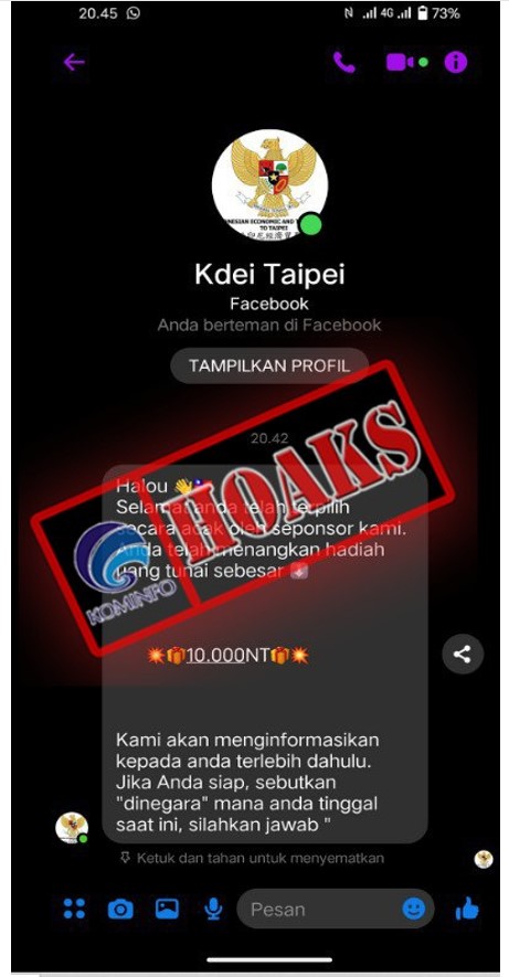 Akun Facebook Mengatasnamakan KDEI Taipei Membagikan Hadiah Uang Tunai