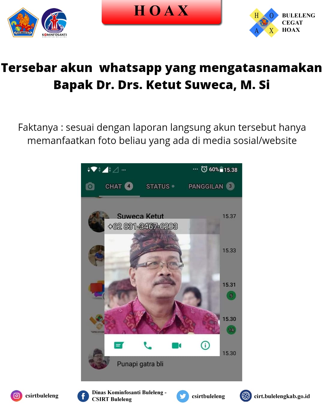 Tersebar tangkapan Layar Akun Whatsapp yang menggunakan Foto Profil dan Mengatasnamakan Bapak Dr. Drs. Ketut Suweca, M.Si