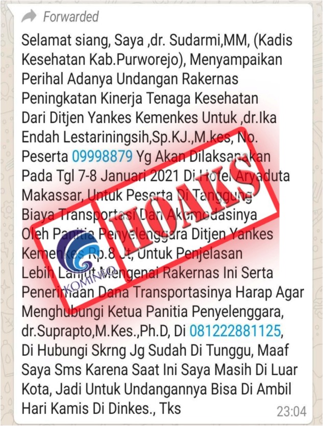 Pesan Singkat Mengatasnamakan Kepala Dinas Kesehatan Kabupaten Purworejo