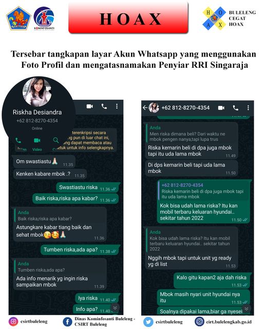 Tersebar tangkapan layar Akun Whatsapp yang menggunakan Foto Profil dan mengatasnamakan Penyiar RRI Singaraja