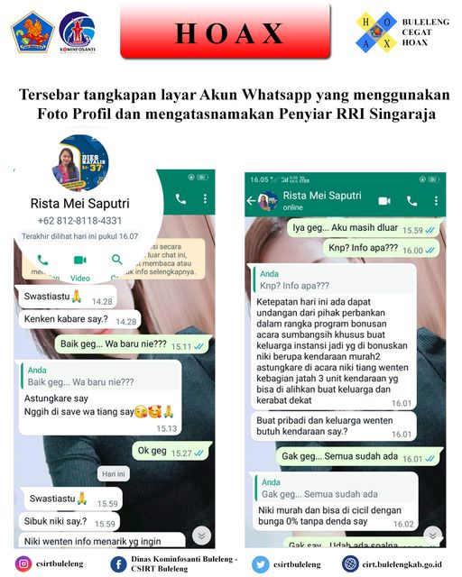 Tersebar tangkapan layar Akun Whatsapp yang menggunakan Foto Profil dan mengatasnamakan Penyiar RRI Singaraja