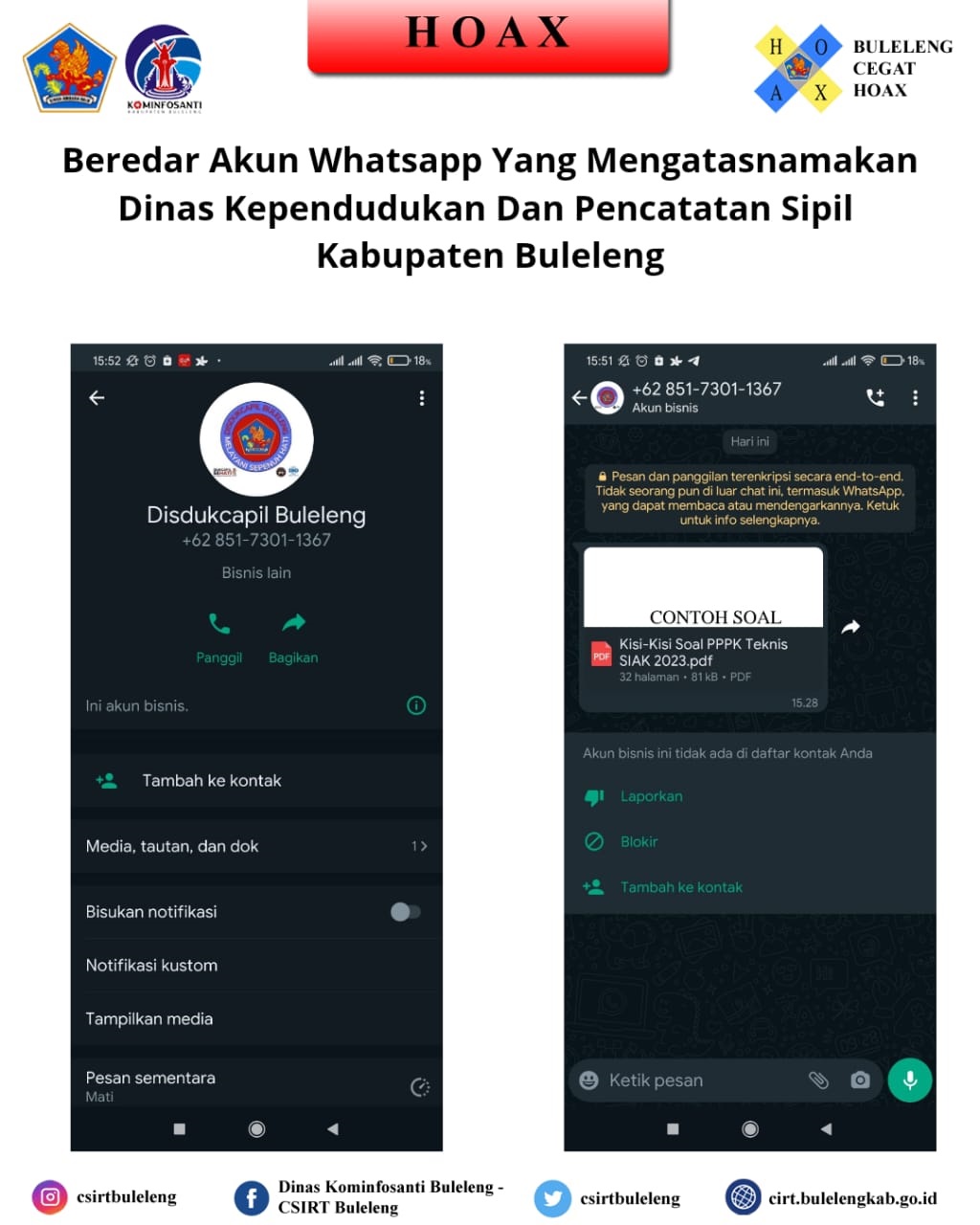 Beredar akun Whatsapp yang mengatasnamakan Dinas Kependudukan dan Pencatatan Sipil Kabupaten Buleleng