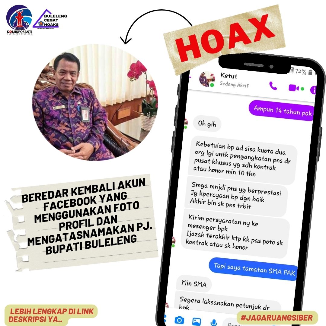 Beredar kembali, Akun facebook yang menggunakan foto profil dan mengatasnamakan Pj. Bupati Buleleng