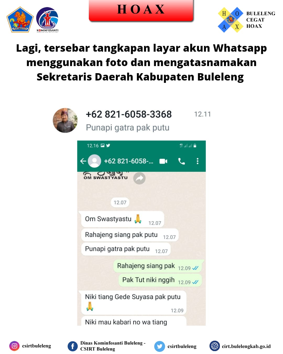 LAGI, TERSEBAR TANGKAPAN LAYAR AKUN WHATSAPP YANG MENGGUNAKAN FOTO DAN MENGATASNAMAKAN SEKRETARIS DAERAH BULELENG.