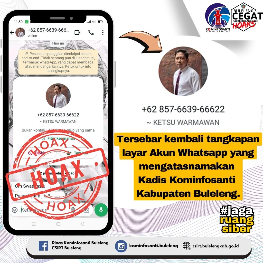 Tersebar kembali tangkapan layar Akun Whatsapp yang mengatasnamakan Kadis Kominfosanti Kabupaten Buleleng.