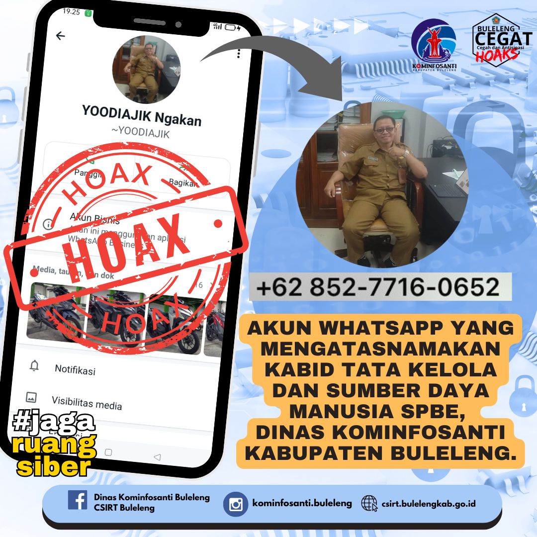 Akun WhatsApp yang mengatasnamakan Kabid Tata Kelola dan Sumber Daya Manusia SPBE, Dinas Kominfosanti Kabupaten Buleleng.