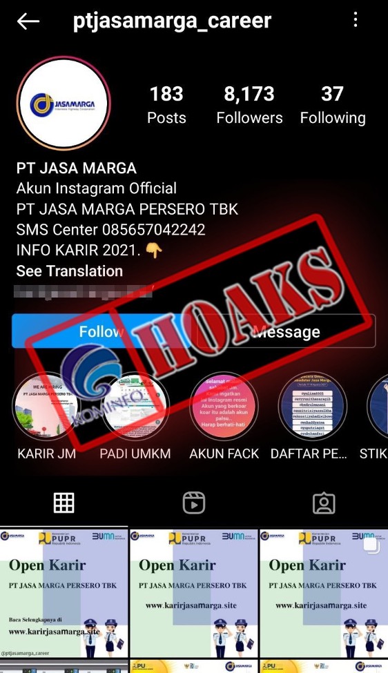 Akun Instagram Mengatasnamakan PT Jasa Marga (Persero) Tbk