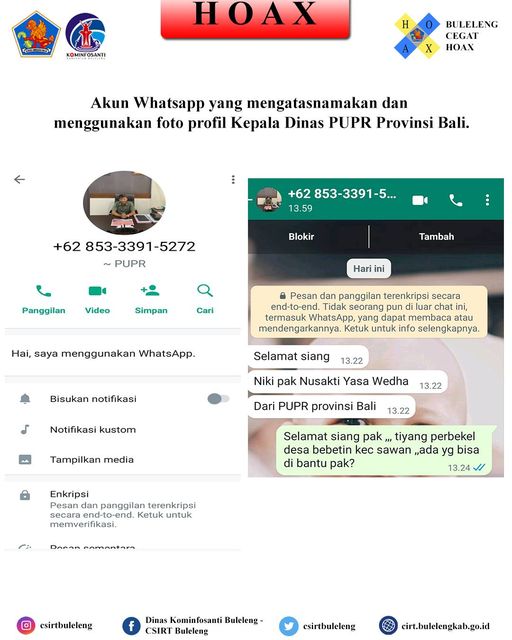 Akun Whatsapp yang mengatasnamakan dan menggunakan foto profil Kepala Dinas PUPR Provinsi Bali