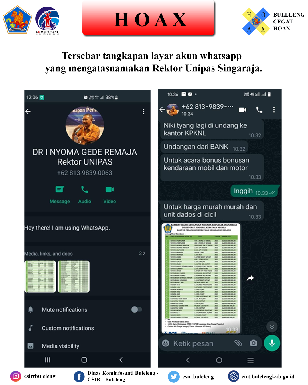 Tersebar tangkapan layar akun whatsapp yang mengatasnamakan Rektor Unipas Singaraja.