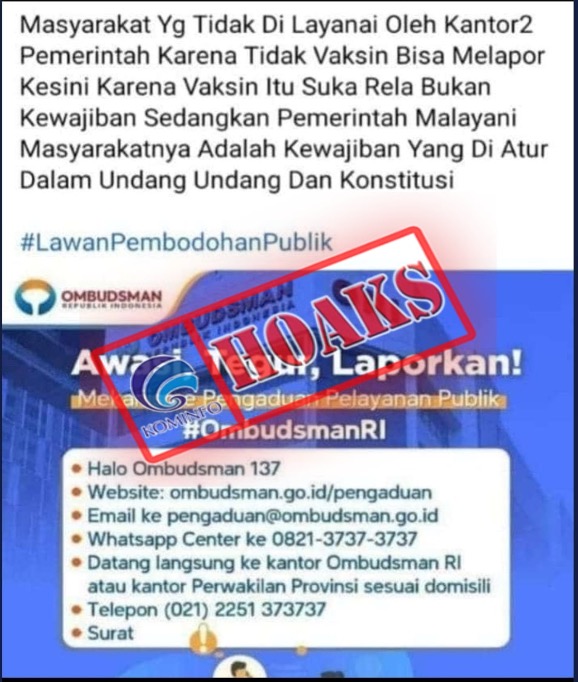 Pernyataan Negatif Terkait Vaksinasi oleh Ombudsman Republik Indonesia