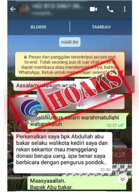 Akun WhatsApp Mengatasnamakan Walikota Kediri, Abdullah Abu Bakar Meminta Sumbangan