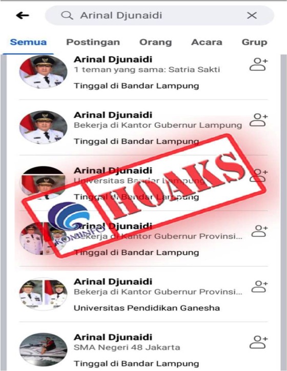 Sejumlah Akun Facebook yang Mengatasnamakan Gubernur Lampung Arinal Djunaidi