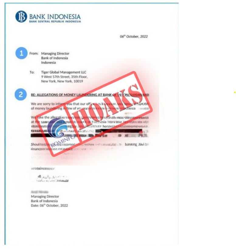 Surat Tuduhan Pencucian Uang Mengatasnamakan Bank Indonesia