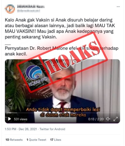 Pernyataan Robert Malone Terkait Vaksin mRNA untuk Covid-19 Belum Diuji secara Memadai dan Vaksinasi Anak Tidak Bermanfaat