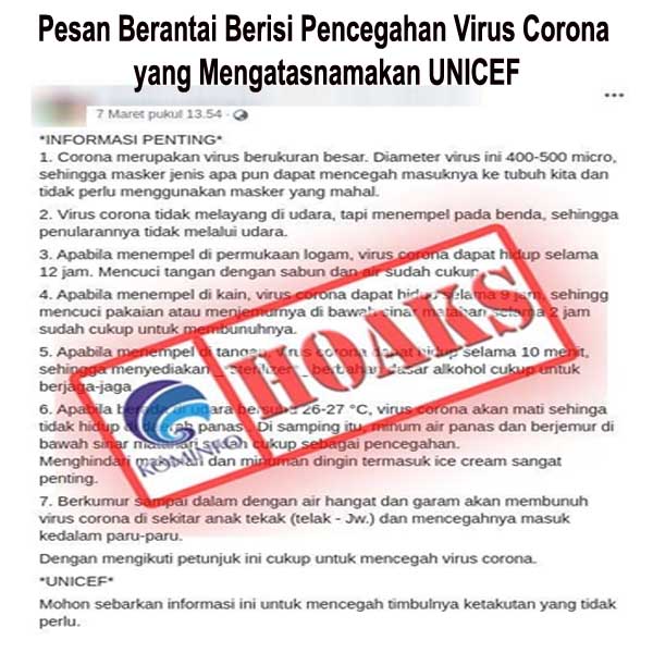 Pesan Berantai Berisi Pencegahan Virus Corona yang Mengatasnamakan UNICEF