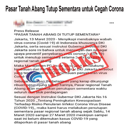 Pasar Tanah Abang Tutup Sementara untuk Cegah Corona