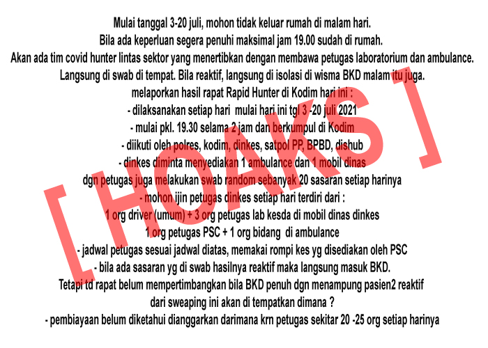 Pesan berantai di Whatsapp yang menyajikan informasi mengenai himbauan tentang larangan tidak keluar rumah di malam hari Mulai tanggal 3-20 Juli