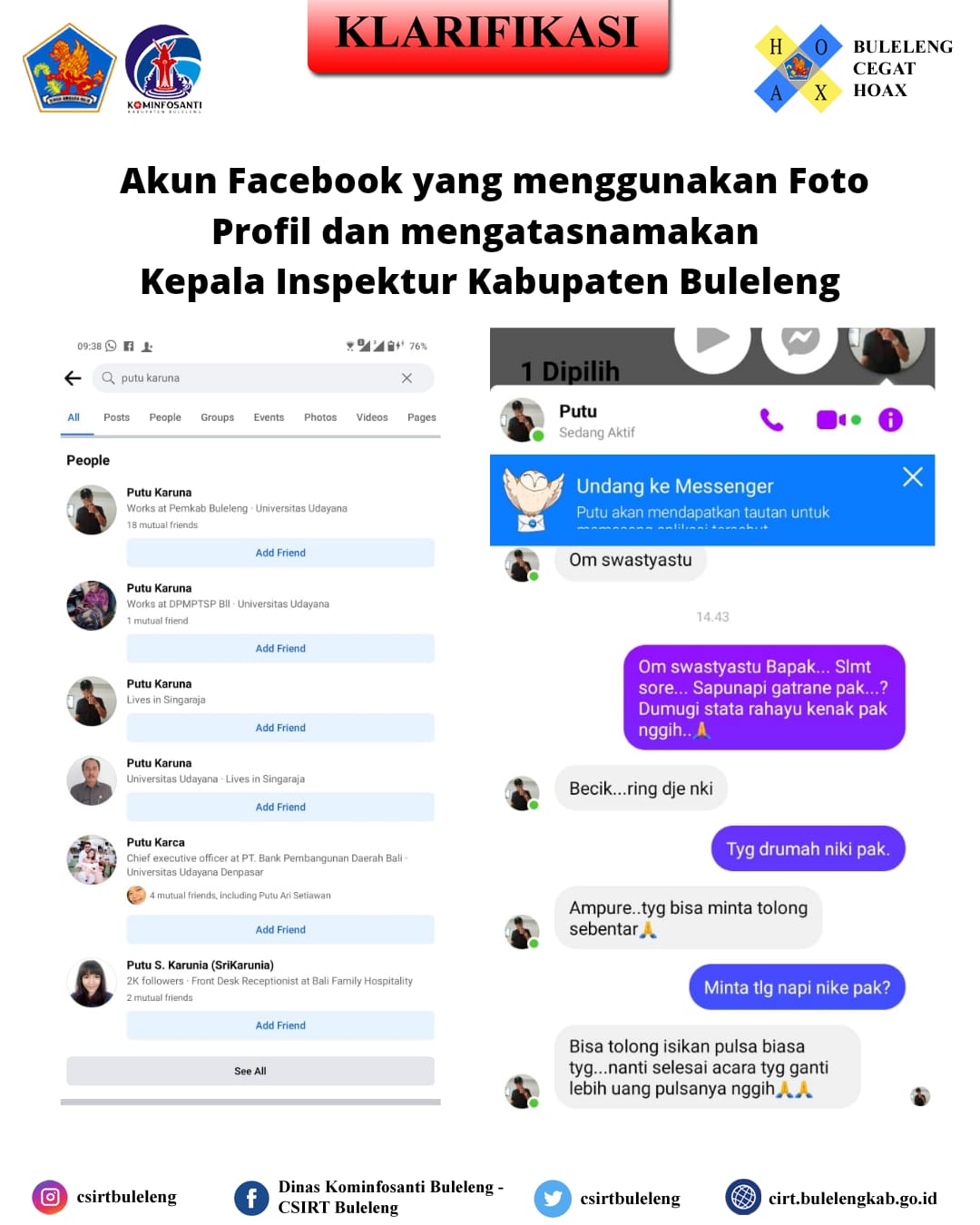 AKUN FACEBOOK YANG MENGGUNAKAN FOTO PROFIL DAN MENGATASNAMAKAN INSPEKTUR DAERAH KABUPATEN BULELENG