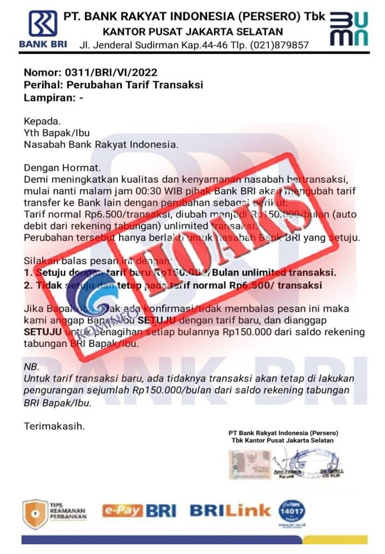 Surat Kebijakan Tarif Transaksi BRI September 2022