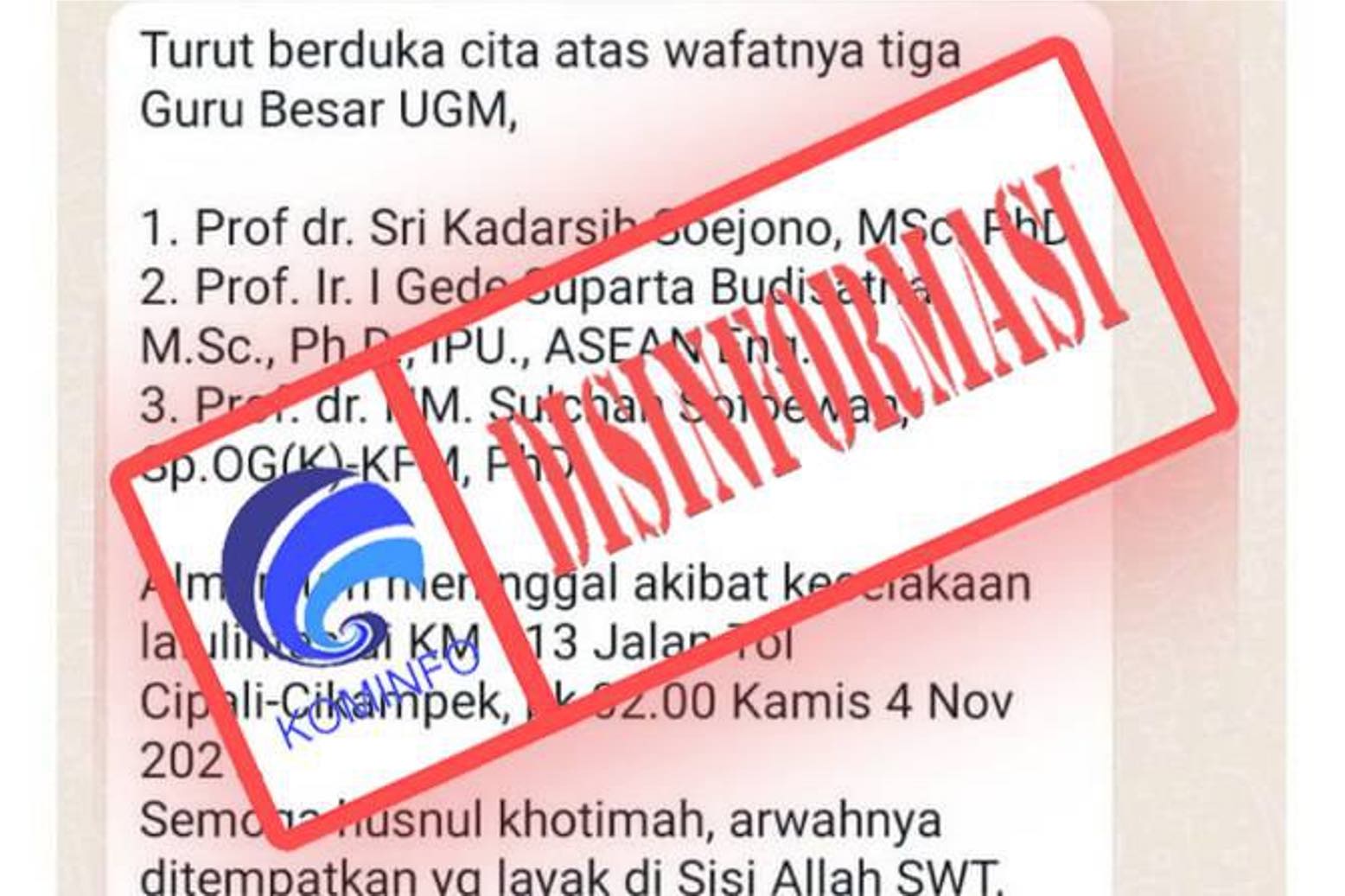 Informasi 3 Guru Besar UGM Tewas saat Kecelakaan di Tol Cipali