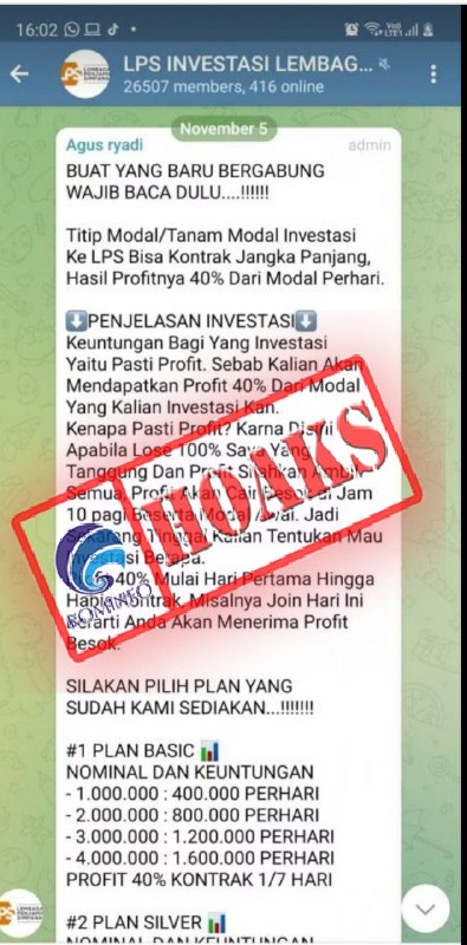 Akun Telegram Mengatasnamakan LPS Menawarkan Investasi