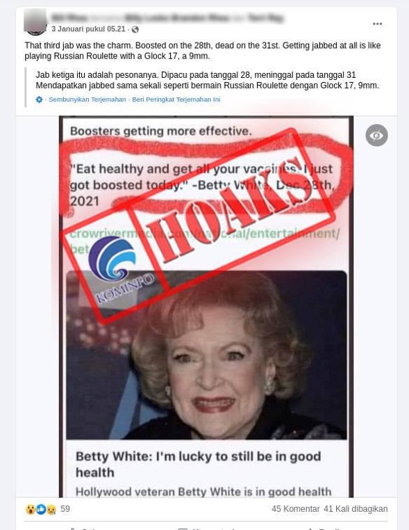 Aktris Betty White Meninggal Beberapa Hari setelah Menerima Booster Vaksin Covid-19