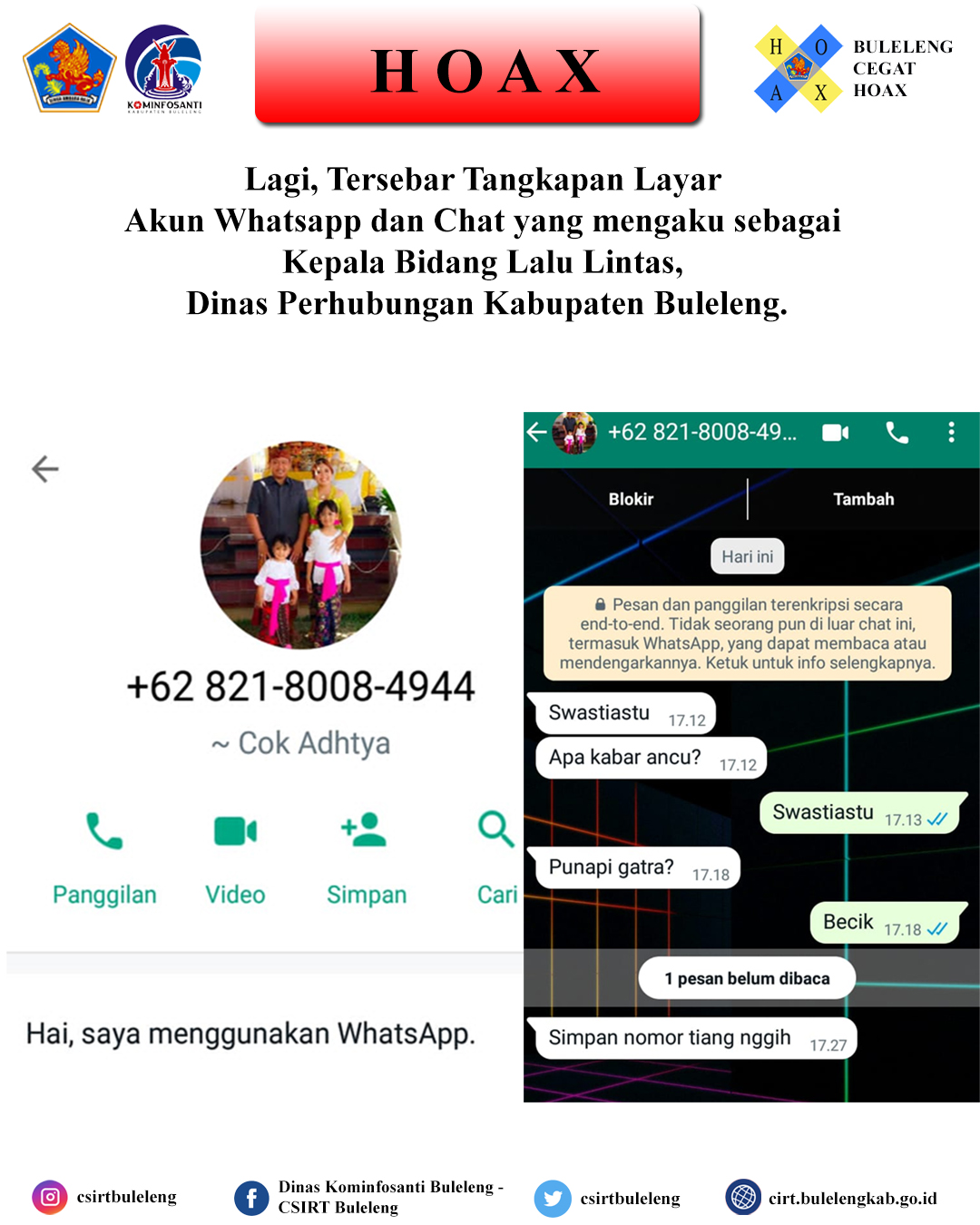 Lagi, Tersebar Tangkapan Layar Akun Whatsapp dan Chat yang mengaku sebagai Kepala Bidang Lalu Lintas, Dinas Perhubungan Kabupaten Buleleng.