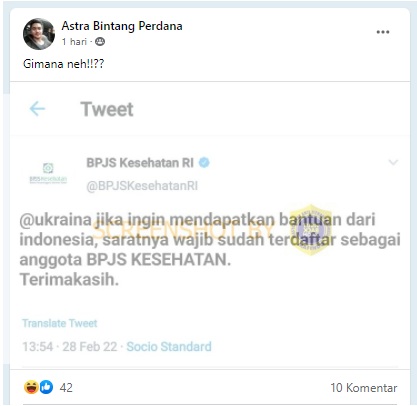 Foto Tangkapan Layar Akun Twitter @BPJSKesehatanRI Yang Mengatakan Ukraina Wajib Gabung BPJS Kesehatan Apabila Ingin Dibantu Indonesia