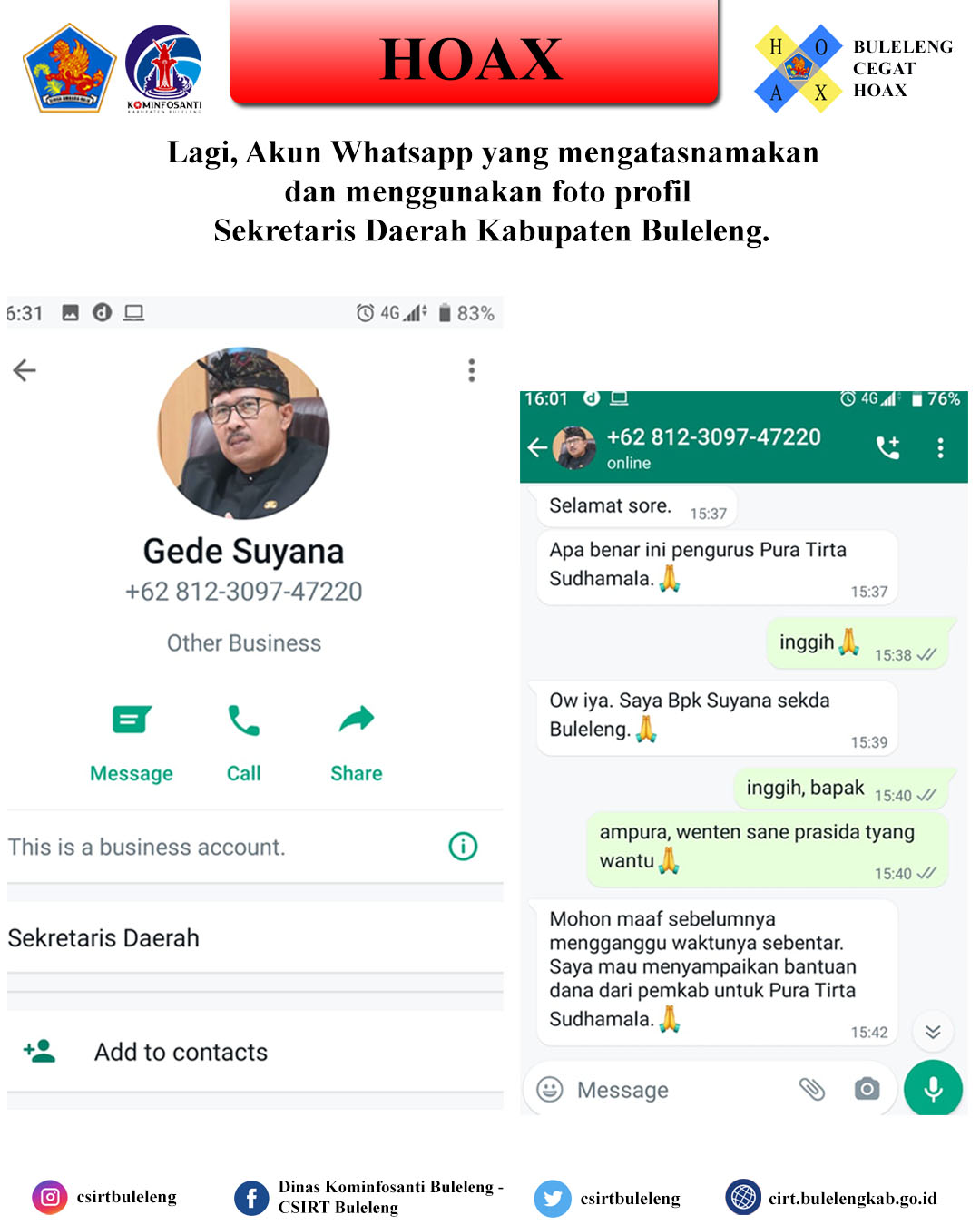 Lagi, Akun Whatsapp yang mengatasnamakan dan menggunakan foto profil Sekretaris Daerah Kabupaten Buleleng.