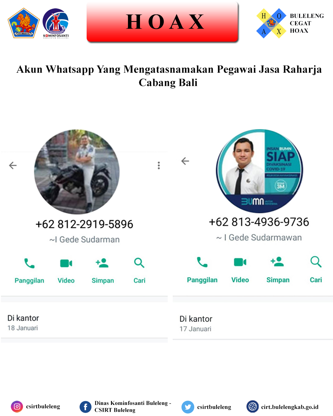 Akun Whatsapp Yang Mengatasnamakan Pegawai Jasa Raharja Cabang Bali