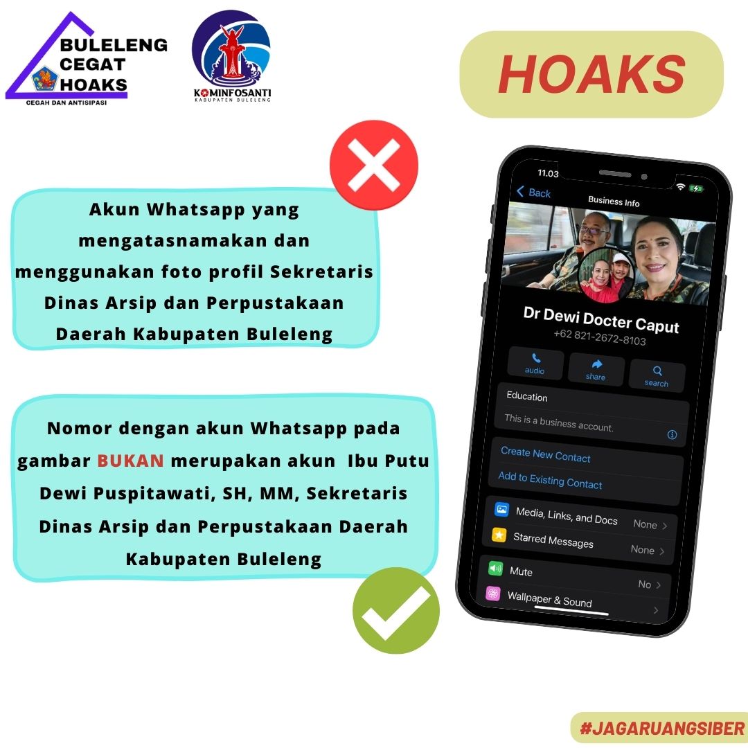 Akun Whatsapp yang mengatasnamakan dan menggunakan foto profil Sekretaris Dinas Arsip dan Perpustakaan Daerah Kabupaten Buleleng