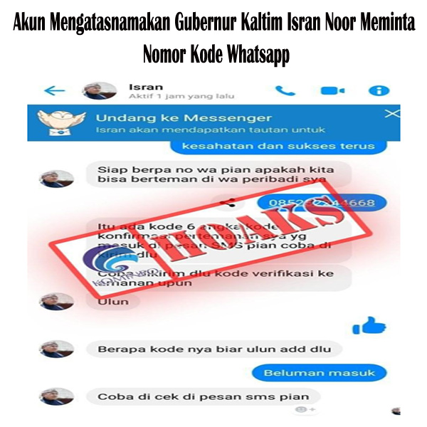 Akun Mengatasnamakan Gubernur Kaltim Isran Noor Meminta Nomor Kode Whatsapp