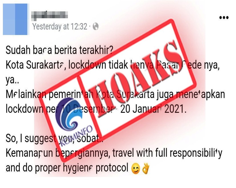 Kota Solo Lockdown pada 10 Desember hingga 20 Januari 2021