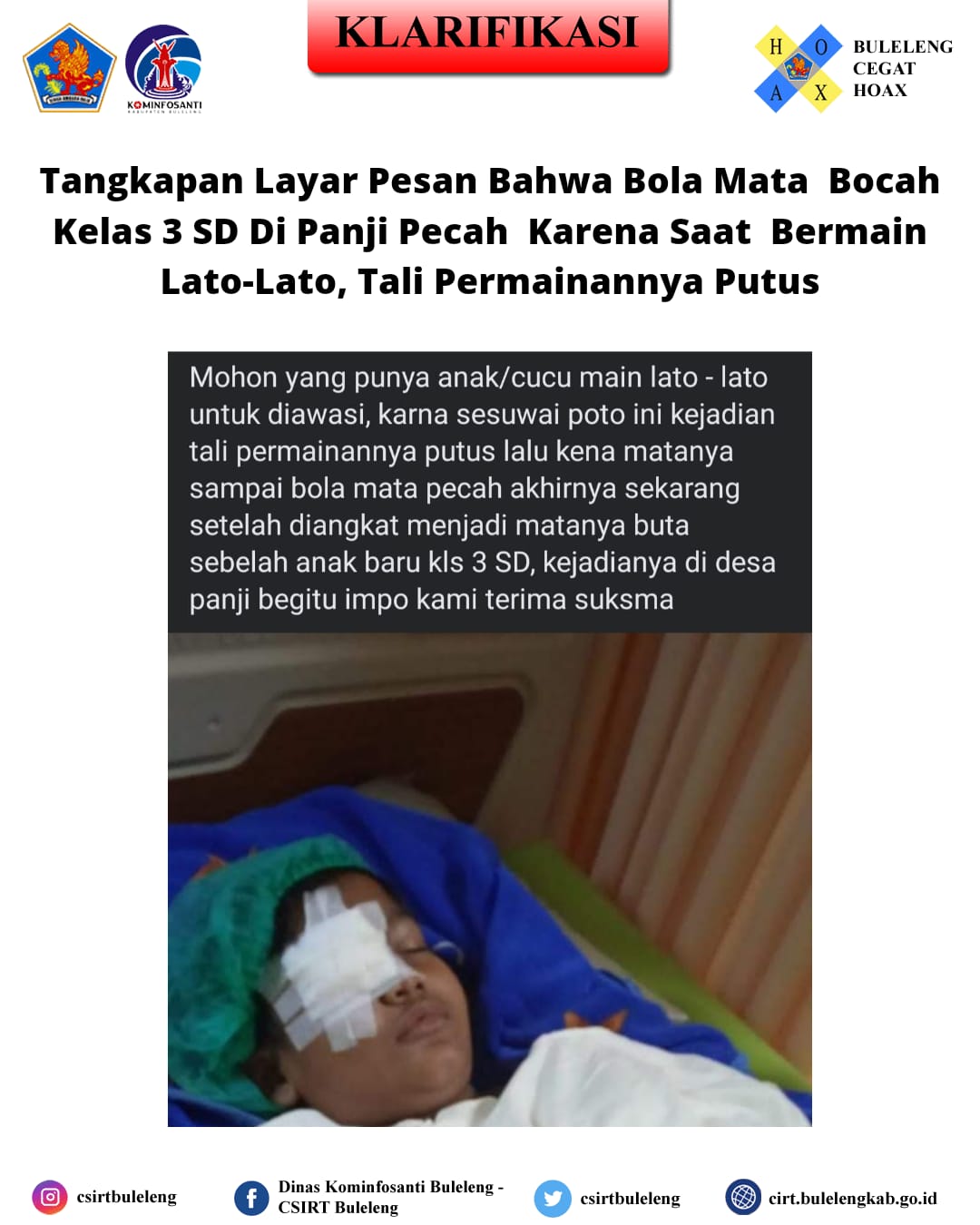 Tangkapan layar pesan bahwa bola mata bocah kelas 3 SD di Panji pecah karena saat bermain lato-lato tali permainannya putus