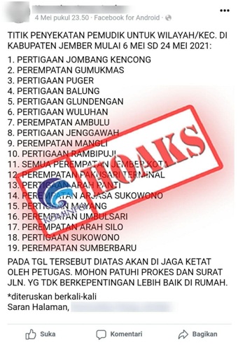 Info 19 Titik Penyekatan Pemudik di Wilayah Kabupaten Jember