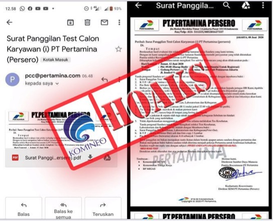 Email yang Berisi Surat Panggilan Tes Calon Karyawan PT Pertamina pada Tanggal 12 Juni 2020