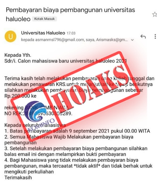 Email Mengatasnamakan UHO Meminta Uang untuk Biaya Pembangunan