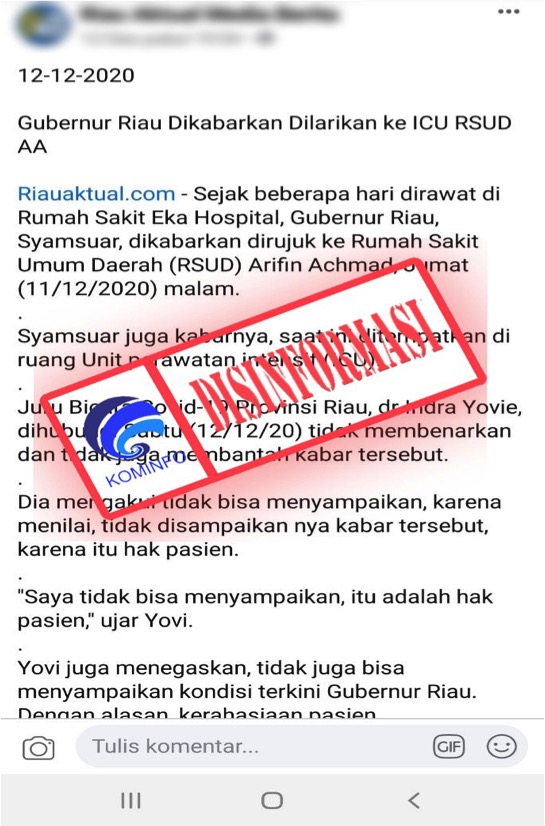 Gubernur Riau Dilarikan ke ICU RSUD