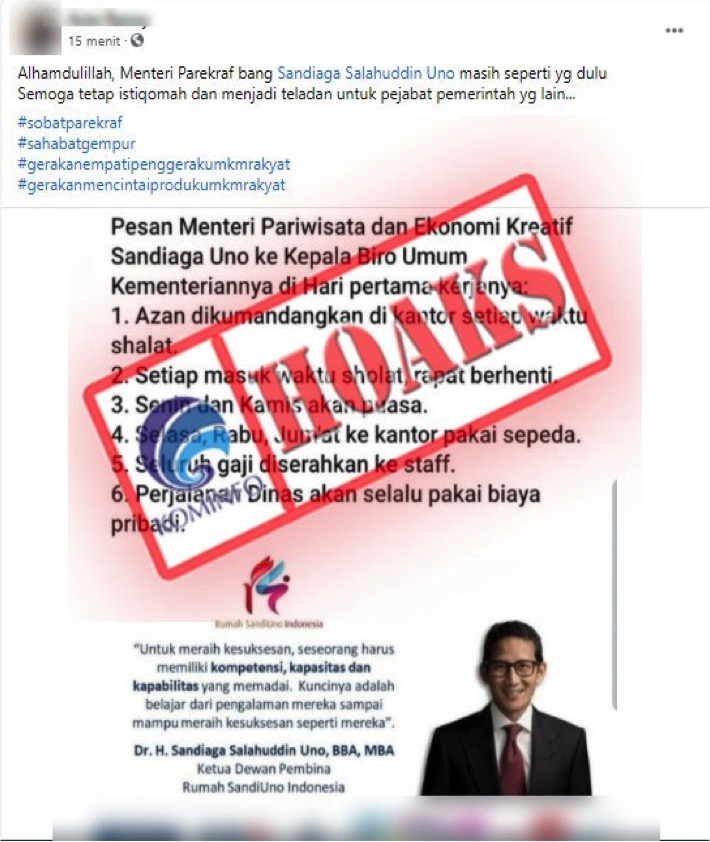 Pesan Sandiaga Uno di Hari Pertama Kerja sebagai Menteri Pariwisata dan Ekonomi Kreatif