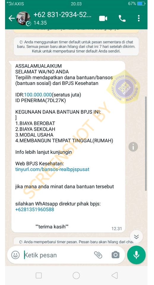 Pesan Whatsapp Bantuan BPJS Kesehatan Sebesar 100 Juta Rupiah