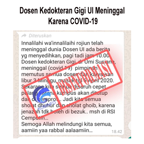 Dosen Kedokteran Gigi UI Meninggal Karena COVID-19